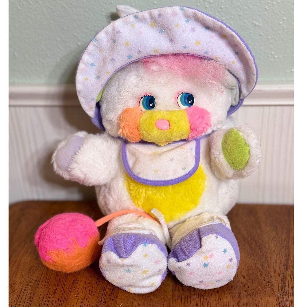 Vintage Popples Plush Baby Bibsy White Pink Purple Flaws